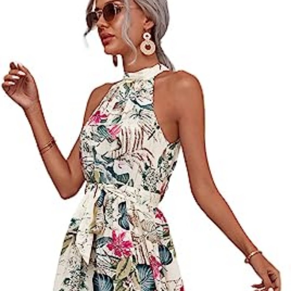 Dress Floerns M Sleeveless Halter Neck Floral Print Maxi Front Slit NWT Tropical